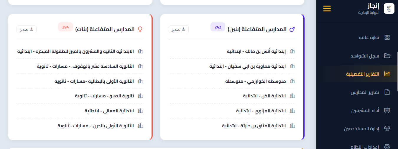 قوائم تفاعل المدارس - تصنيف قطاع البنين وقطاع البنات