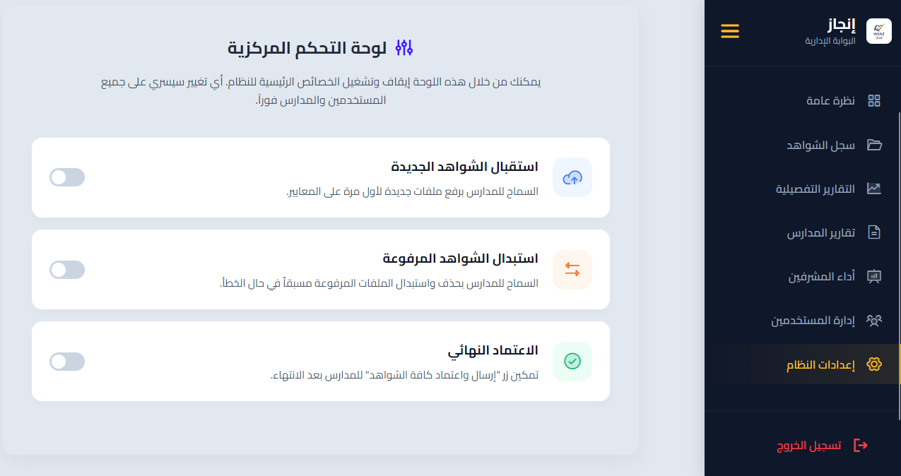 لوحة التحكم المركزية - مفاتيح إيقاف وتشغيل خصائص النظام