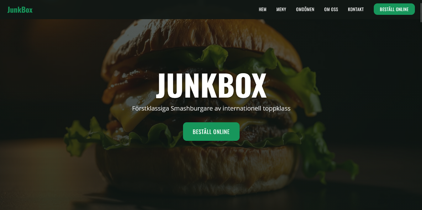 مطعم JunkBox للبرجر - الواجهة الرئيسية للموقع المخصص