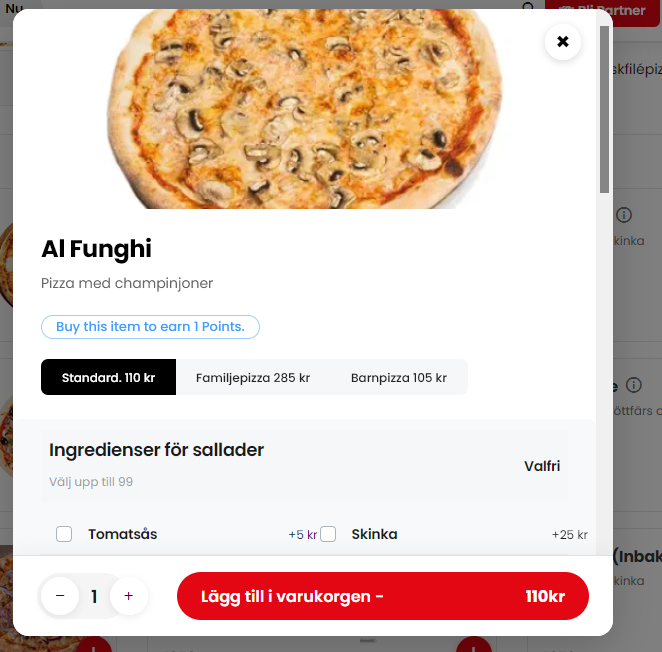 نافذة تخصيص الوجبة وتحديد الإضافات والحجم